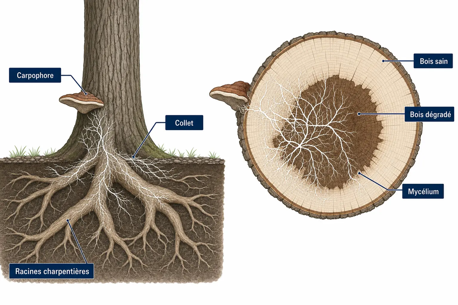 Schéma en coupe d'un tronc montrant le champignon visible, le collet, les racines et la zone de bois dégradé à l'intérieur